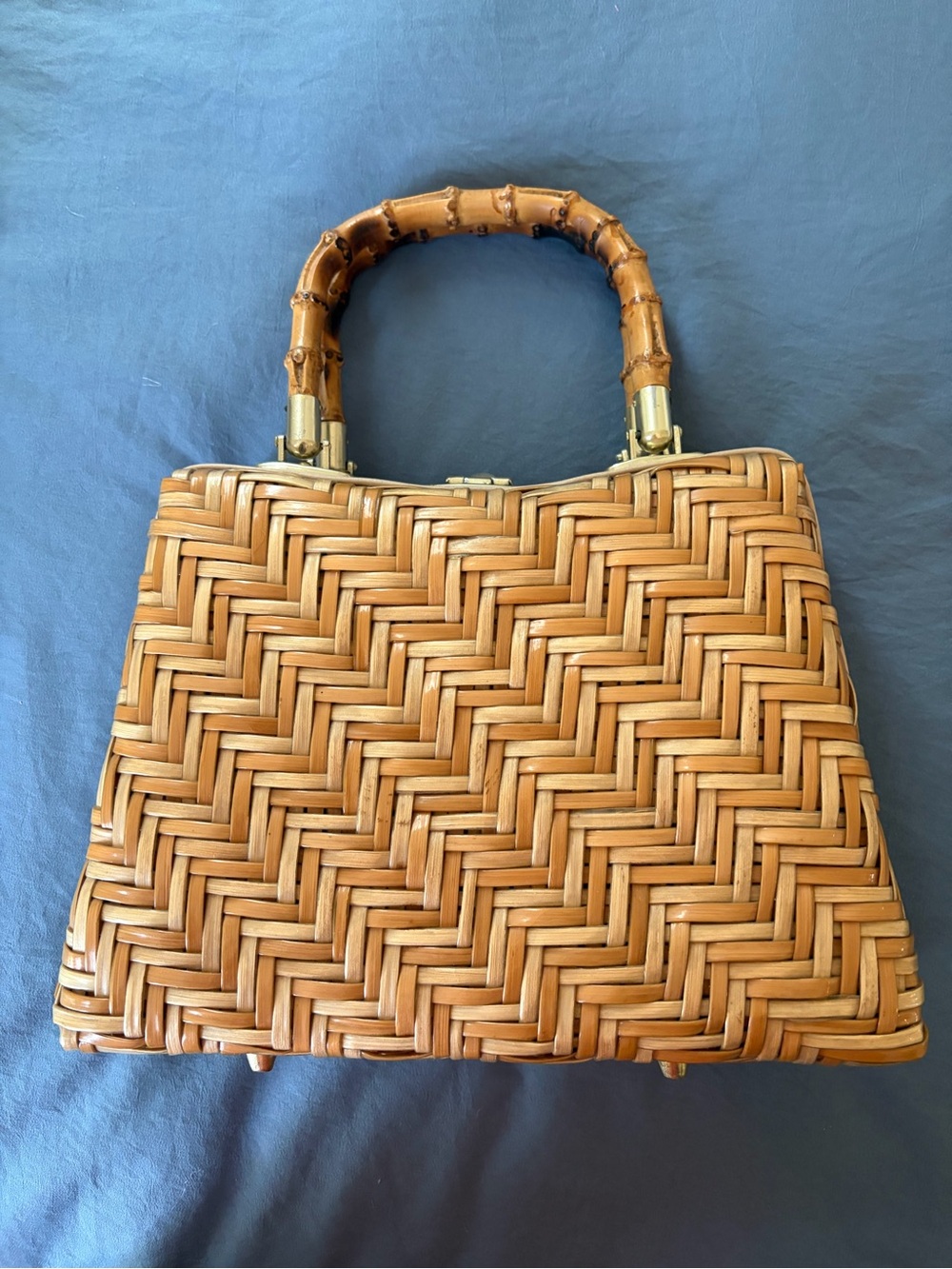 Vintage 1950-60 Herringbone Woven Bamboo Top-Handle Bag in Natural Tan